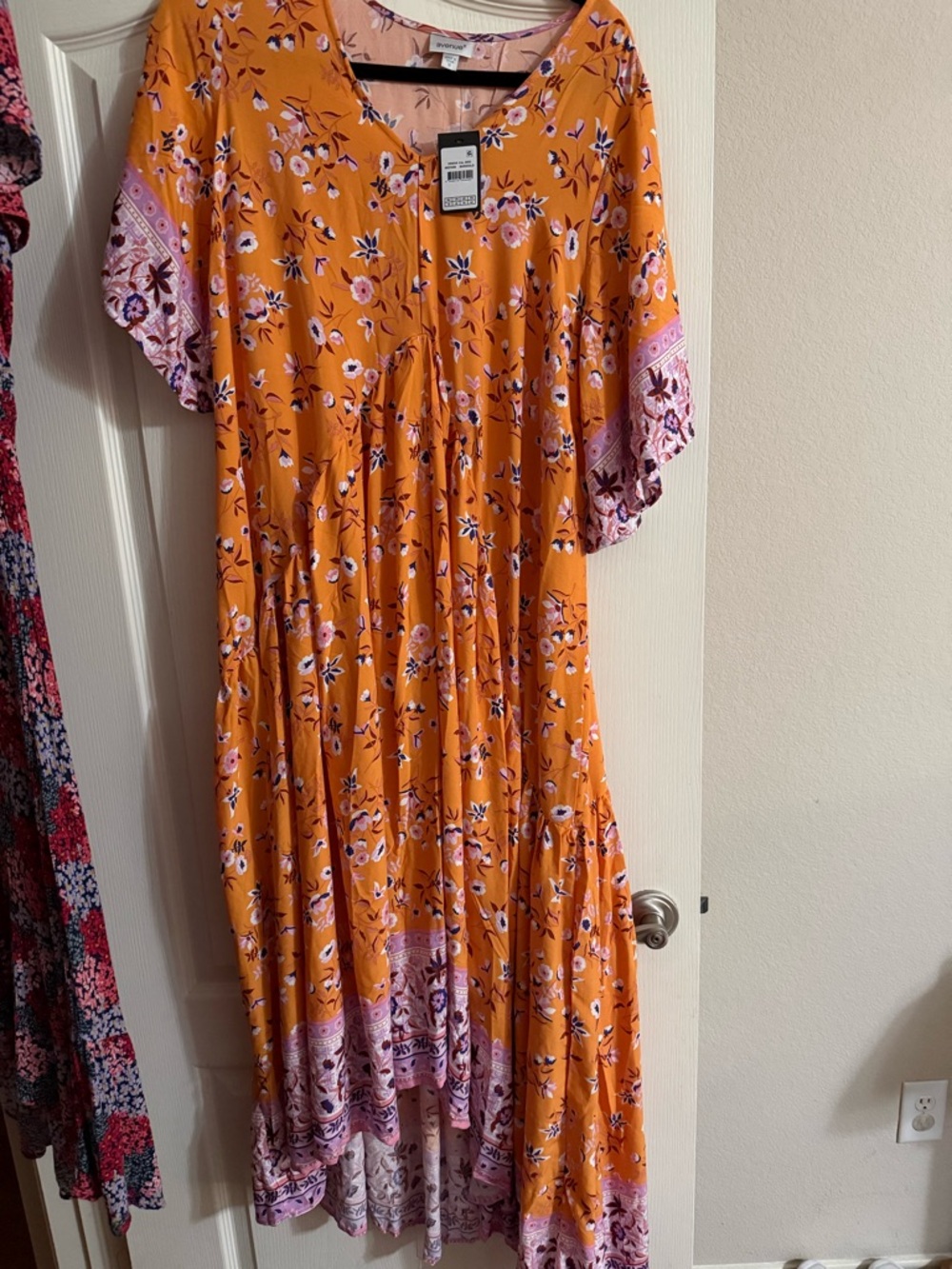 Avenue Marigold Floral Maxi Dress with Purple and Pink Accents - Size 16